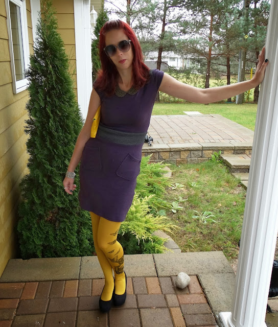yellow butterfly Zohara tights with The Embellished Room purple dress, H&M Sunglasses and wedged heeled shoes, vintage clutch, Shop For Jayu collar necklace, toronto fashion and style colour blocking