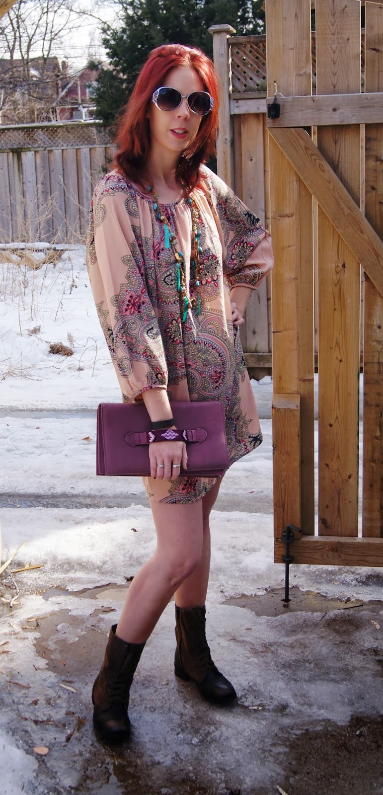 Hippie Chic!: Forever 21 Dress, House of Harlow 1960 Clutch from Winners, Wanted Boots from Marshalls, Fifth Avenue Necklace, fashion, style, blogger Melanie.Ps The Purple Scarf Toronto