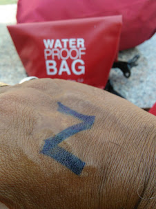 "TUBING" on Nam Song river. The "Nana Backpacker Stamp" on my hand and a waterproof bag.