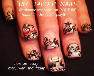 UFC NAILS, TAPOUT nails, ultimate fighting nails, sports nails, football nails, pom poms nails, black and silver filigree nail, black silver nails, cheerleader nails, mma nails,