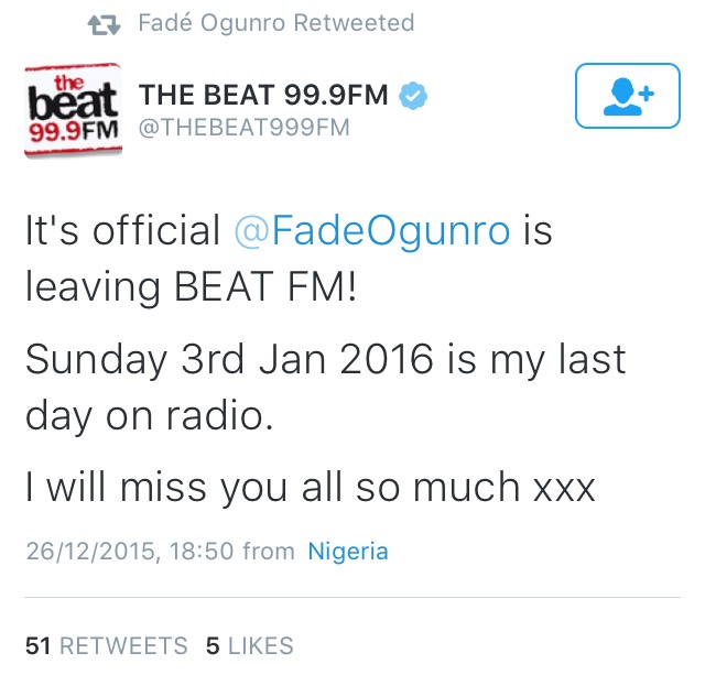 OAP Fade Ogunro is Set To Leave Beat FM Come 2016