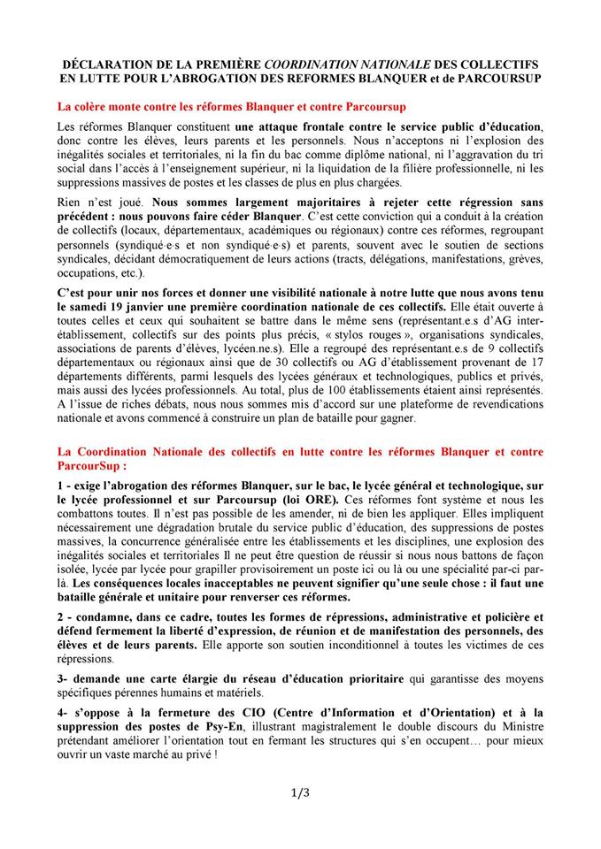 DÉCLARATION DE LA COORDINATION NATIONALE DU 19 JANVIER 2019 PAGE 1