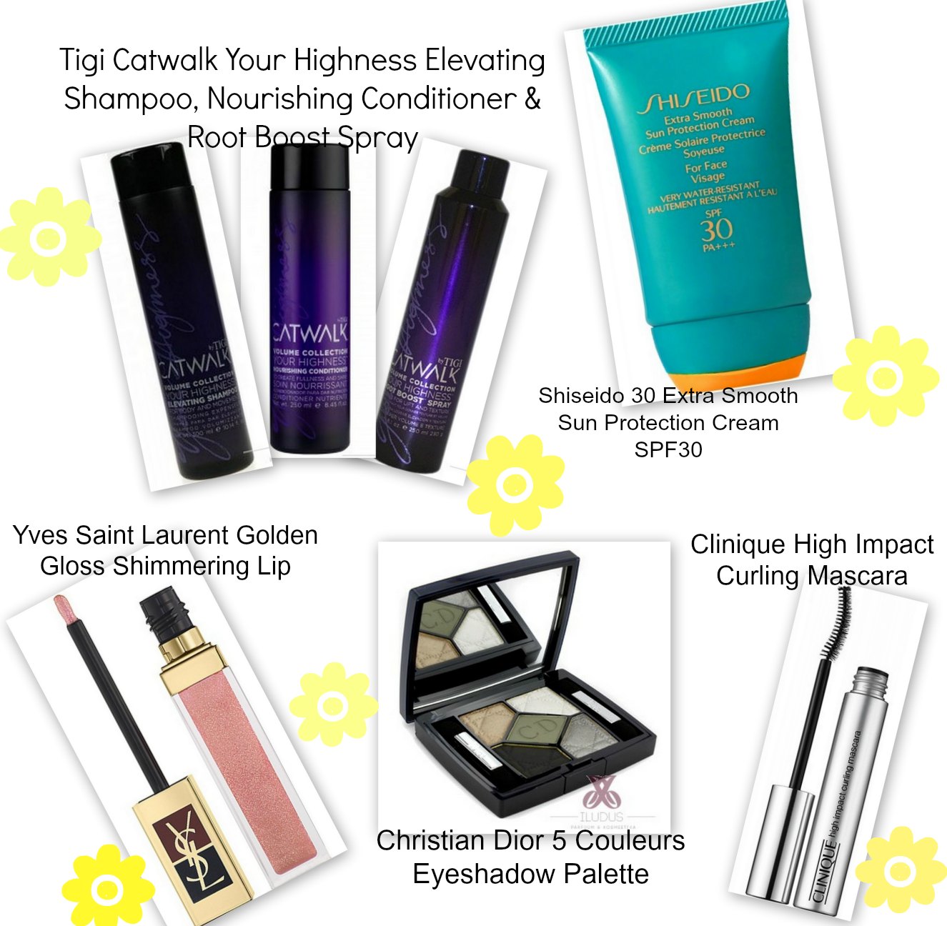 Tigi Catwalk Your Highness haircare products, Shiseido 30 Extra Smooth Sun Protection Cream SPF30, Yves Saint Laurent Golden Gloss Shimmer Lip, Christian Dior 5 Couleurs Eyeshadow Palette, Clinique High Impact Curling Mascara