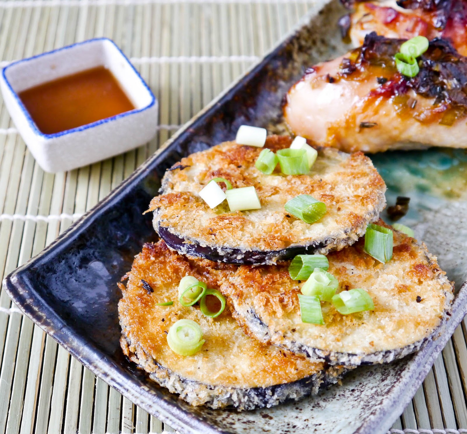 Peaches and Donuts Panko crusted eggplant with Sesame Ponzu Sauce