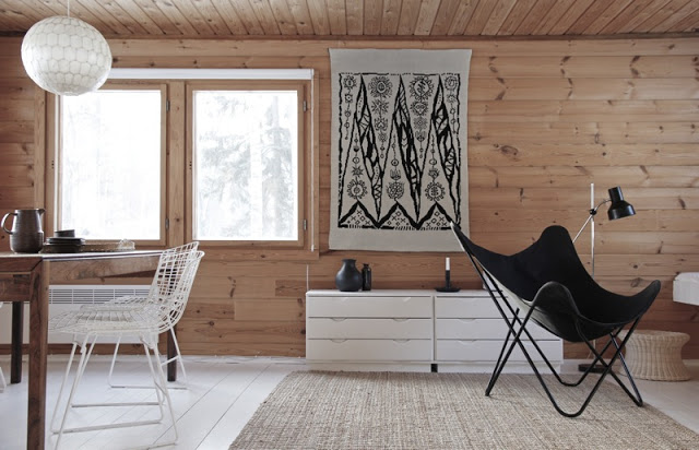interior, interiors, scandinavian style, black, white, chair, big windows, mountain house,