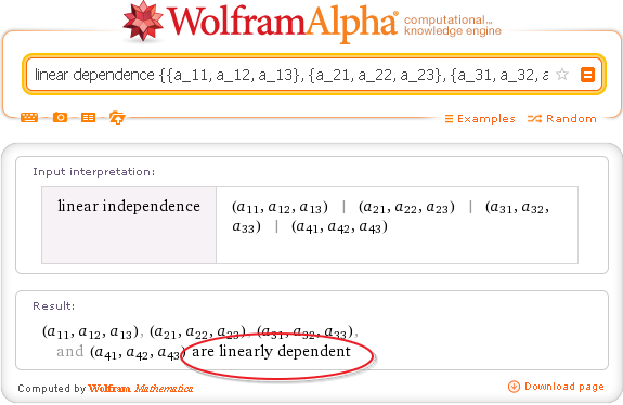 Векторы линейно зависимы - Wolfram Alpha