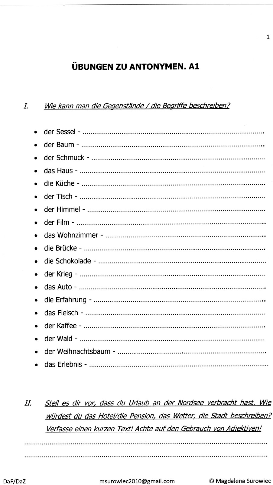 "Aspekte der Germanistik" Übungen zu Antonymen. A1
