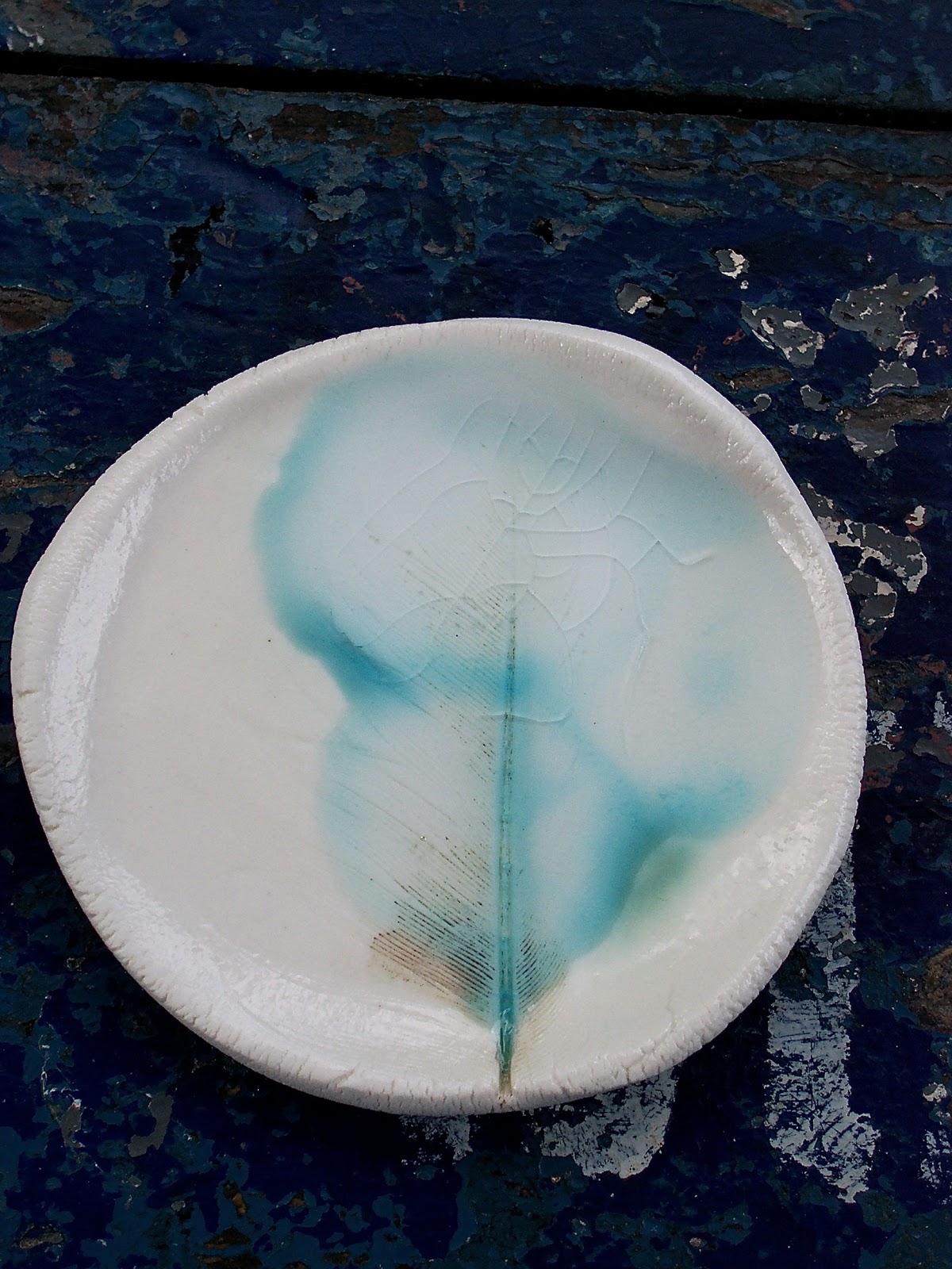 Little Brick House Clayworks Kiln experiments, Melting glass, feather imprint firing results