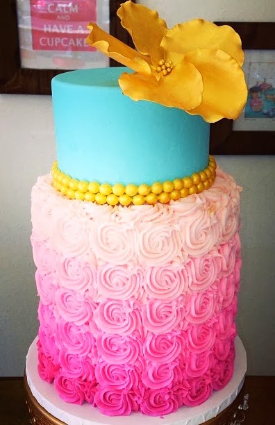 pink teal ombre tier cake