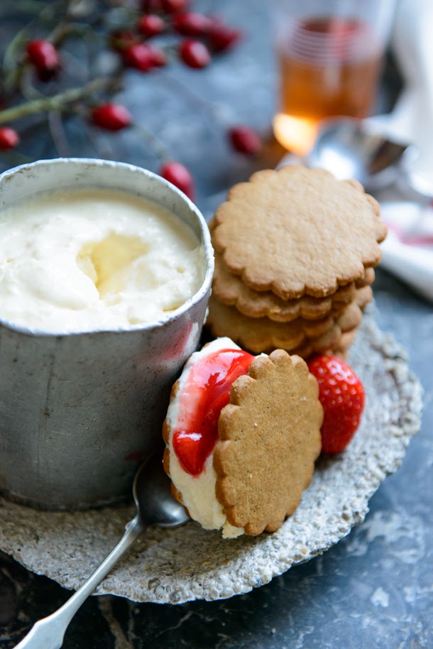 Coconut ice cream sandwich in ginger cookies, with strawberry sauce