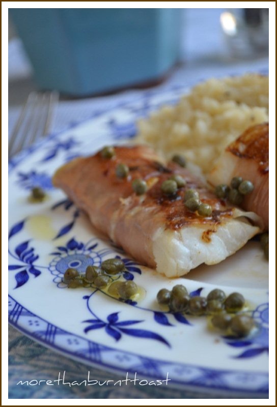 more than burnt toast Patricia Wells Seared Pancetta Wrapped Cod on a