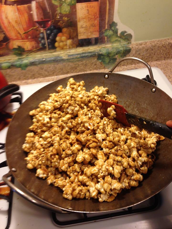 Cooking Homemade Caramel Corn (with nuts) One Brown Mom