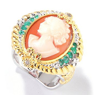 Hand Carved Shell Cameo Emerald & White Sapphire Ring 