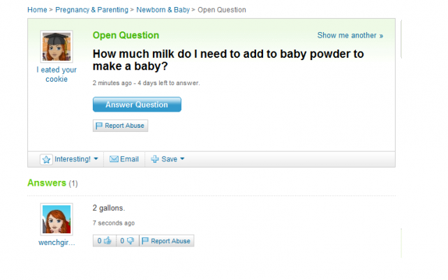 Funny Yahoo Answers: How much milk do I need to add to baby powder to make a