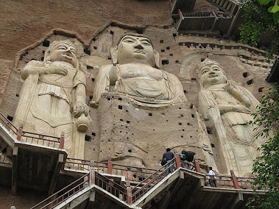 Maytszishan caves — A treasure of China Buddhist complex Maytszishan little known. It is located in Gansu Province in northwest China. This is a striking architectural complex, carved out of the rock. Maytszishan has 7,000 Buddhist sculptures and nearly 1,000 square meters of murals.