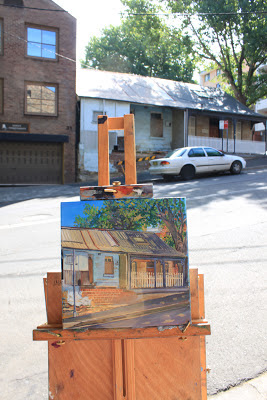 Plein air painting of semi-detached workers cottages in Pyrmont Street, Pyrmont painted by industrial heritage artist Jane Bennett