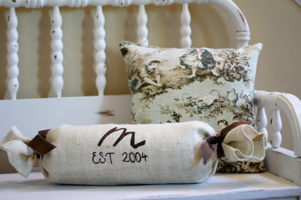 Monogrammed Burlap Bolster Pillow Scissors Spatulas
