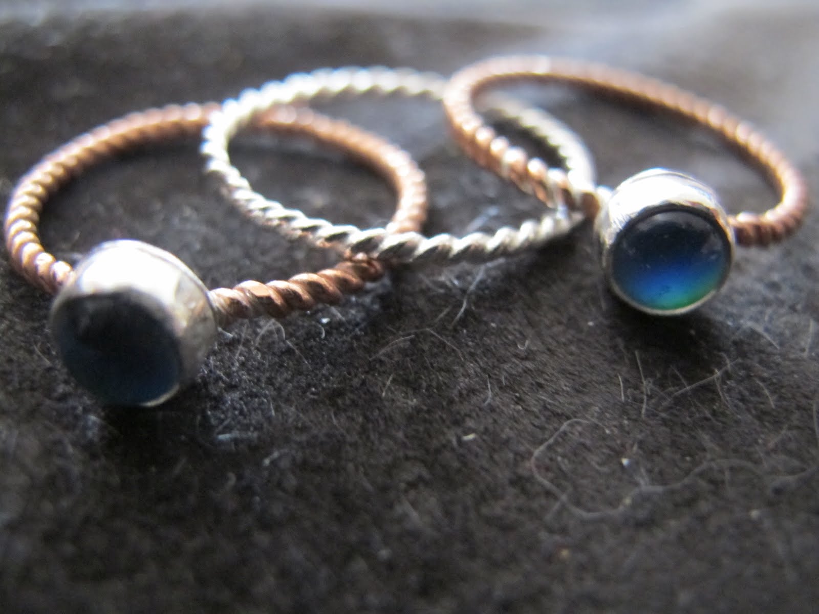 Naomi's Designs Handmade Wire Jewelry Silver and copper bezel stacked