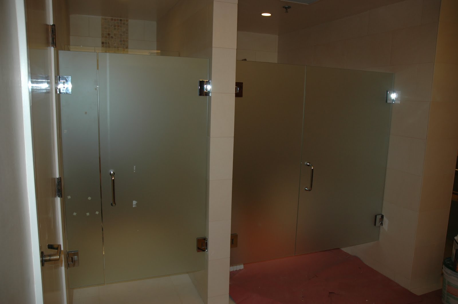 Custom Shower Doors in Spa, with Hardware and Satin Etch Glass • OT Glass