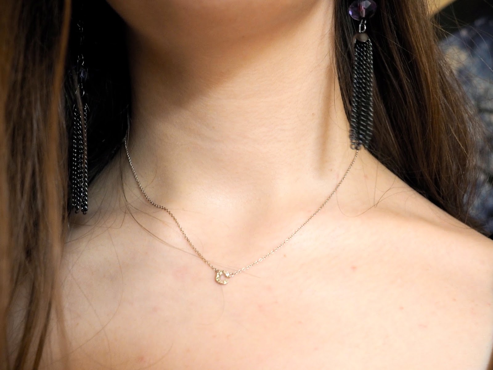 Black Velvet outfit jewellery details | silver letter C necklace and chunky purple bead earrings