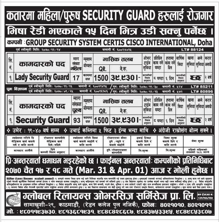 Manpower Demand Group Security System Certis Cisco International, Doha