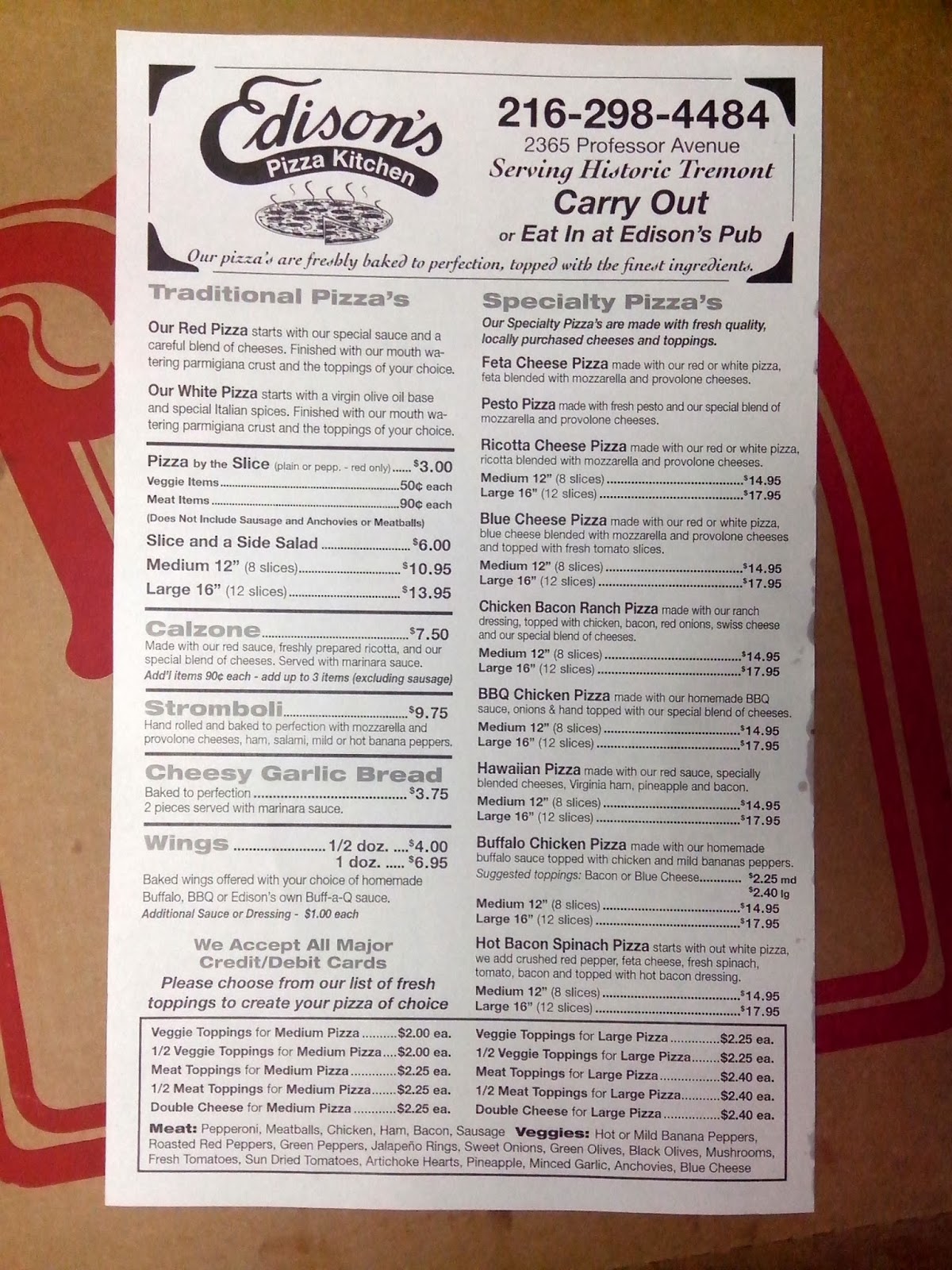 Tremont 'World Famous' Edison's Next Door Deli Pizza ONLINE MENU