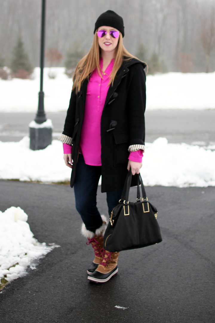 sorel tofino cate boots, pink snow boots, boston blogger style, boston fashion blogger, pops of pink, pink blouse and pink boots,