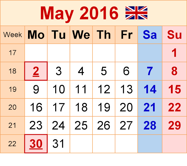 May 2016 Calendar with UK Holidays Free, May 2016 Printable Calendar Cute Word Excel PDF Template Download Monthly, May 2016 Blank Calendar Weekly