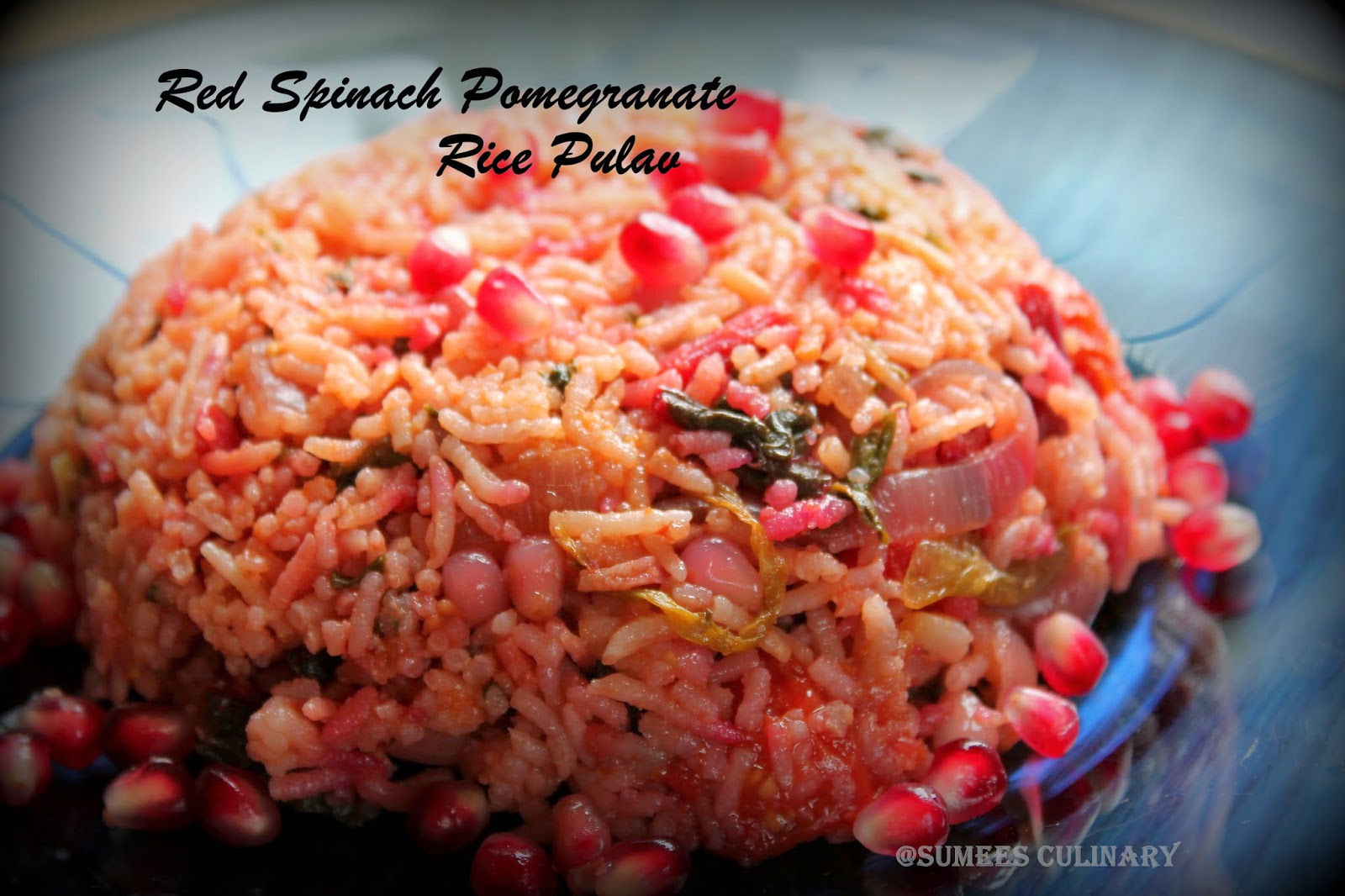 red spinach pomegranate rice pilaf/ pulav
