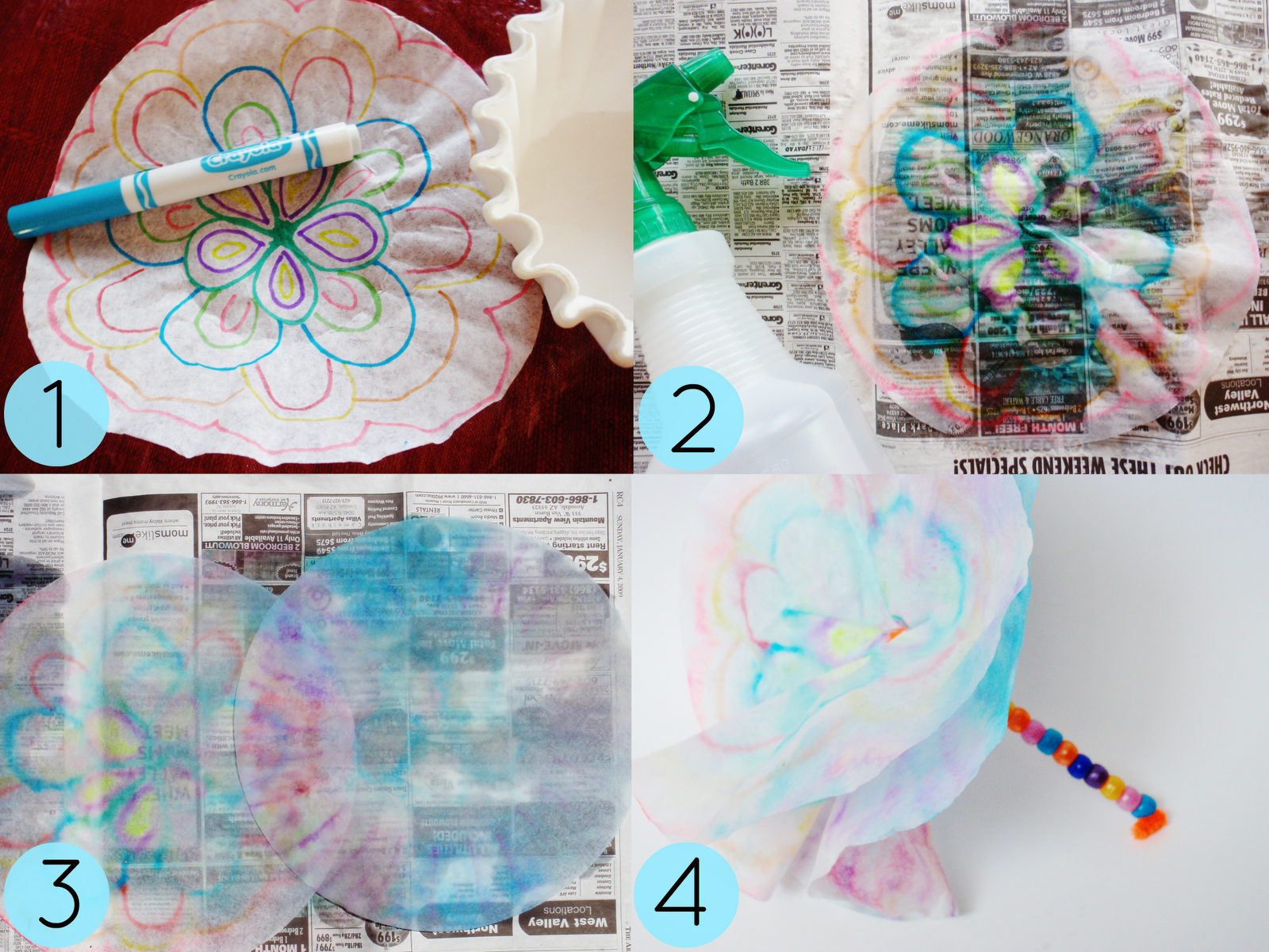 A Creative Cookie Kid's Craft Coffee Filter Flowers for Mom