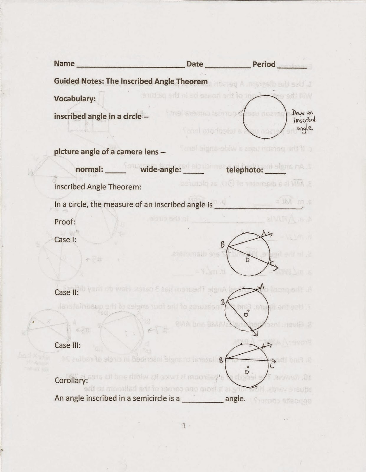 angle in a semicircle worksheet