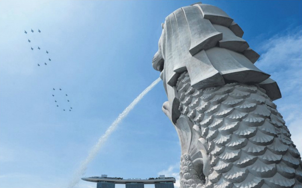 The manoeuvre, which was being rehearsed in public for the first time, is part of an aerial display for this year's National Day Parade on Aug 9 to celebrate Singapore's 50th birthday.