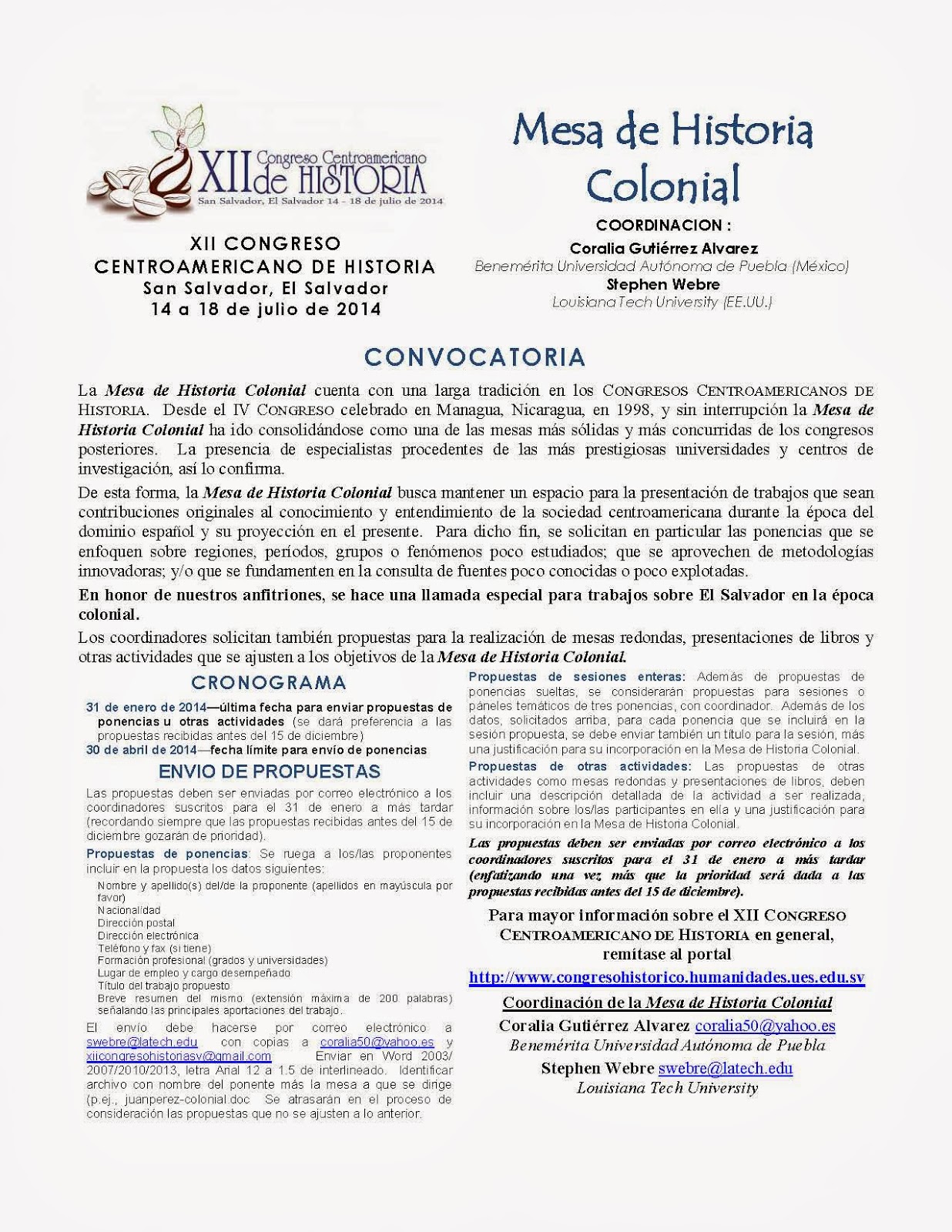 XII CONGRESO CENTROAMERICANO DE HISTORIA Mesa de Historia Colonial
