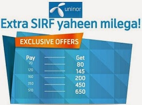 Extra Talk Value Offer for Uninor Customers: Pay Rs.70 Get Rs.80 | Pay Rs.120 Get Rs.145 | Pay Rs.160 Get Rs.200 | Pay Rs.350 Get Rs.450 | Pay Rs.510 Get Rs.650