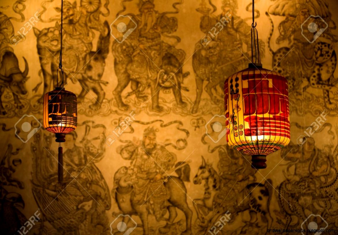 Two Chinese Lanterns On Asian Wallpaper Background Stock Photo Two Chinese Lanterns On Asian Wallpaper Background Stock Photo