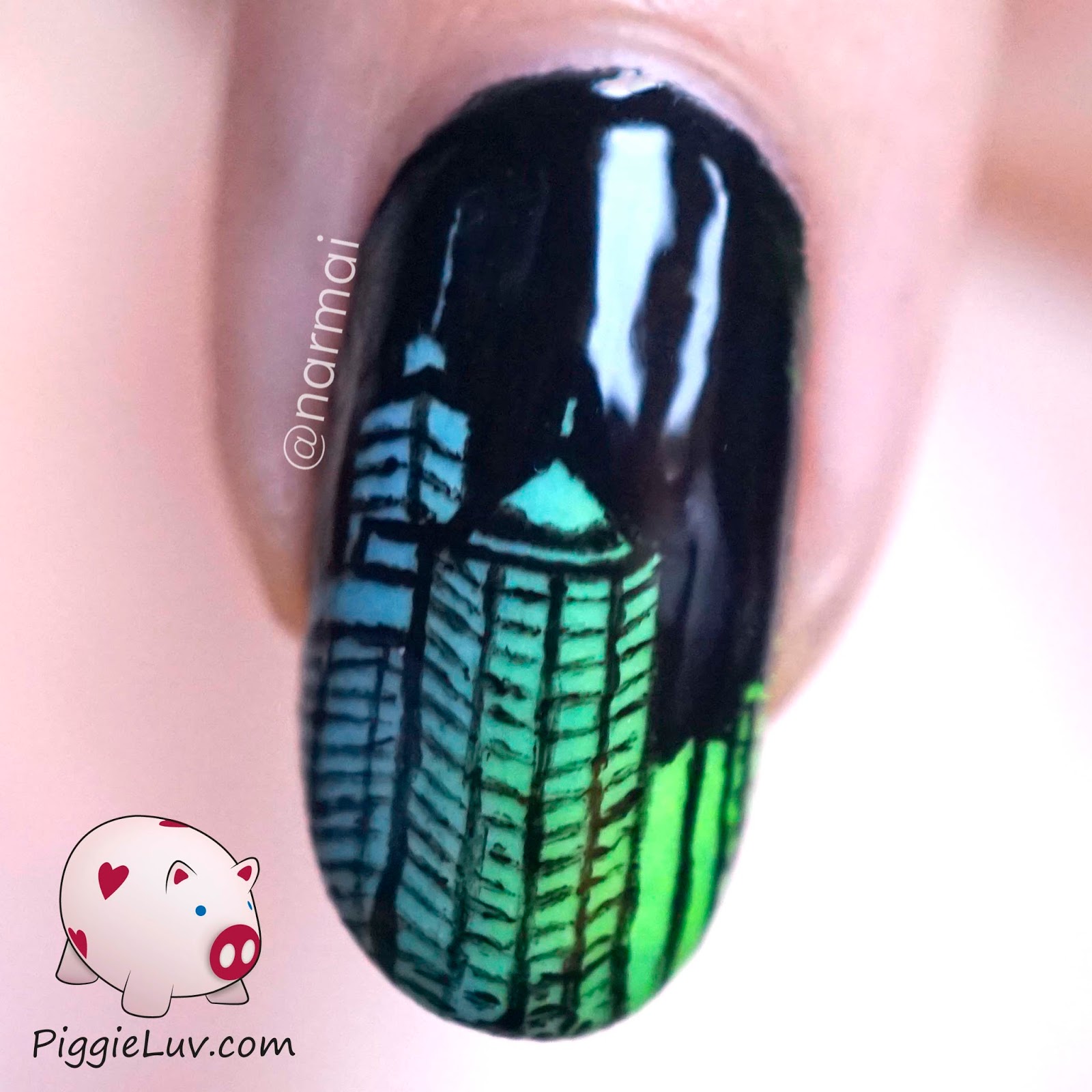PiggieLuv Glow in the dark city skyline nail art