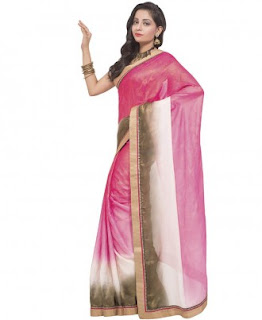 Pink, Off-White And Brown Coloured Chiffon Saree