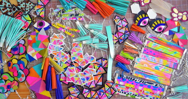 Boo and Boo Factory Jewellery made in America leather handmade geometric colourful quirky statement eye Boo and Boo Factory, statement jewellery, tassels