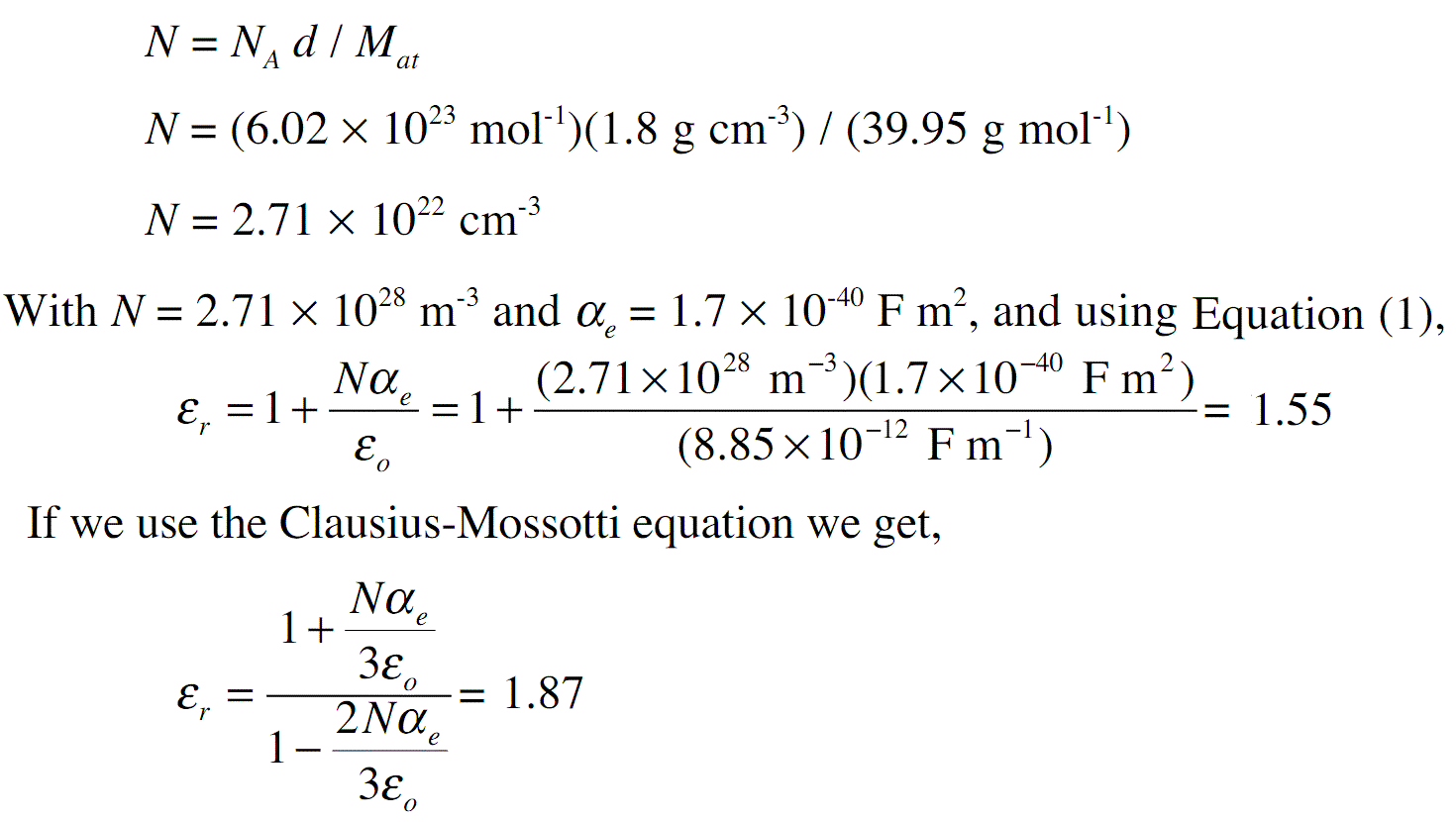 Clausius Mossotti Equation Static relative Permittivity