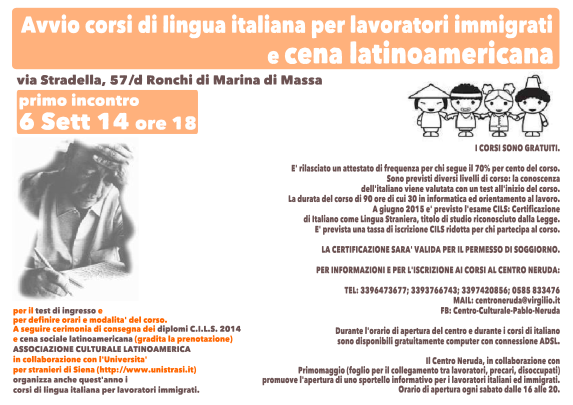 Avvio corsi di lingua italiana per lavoratori immigrati e cena latinoamericana
