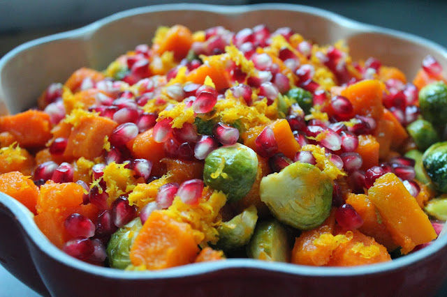 Maple-orange roasted fall vegetables with pomegranate seeds