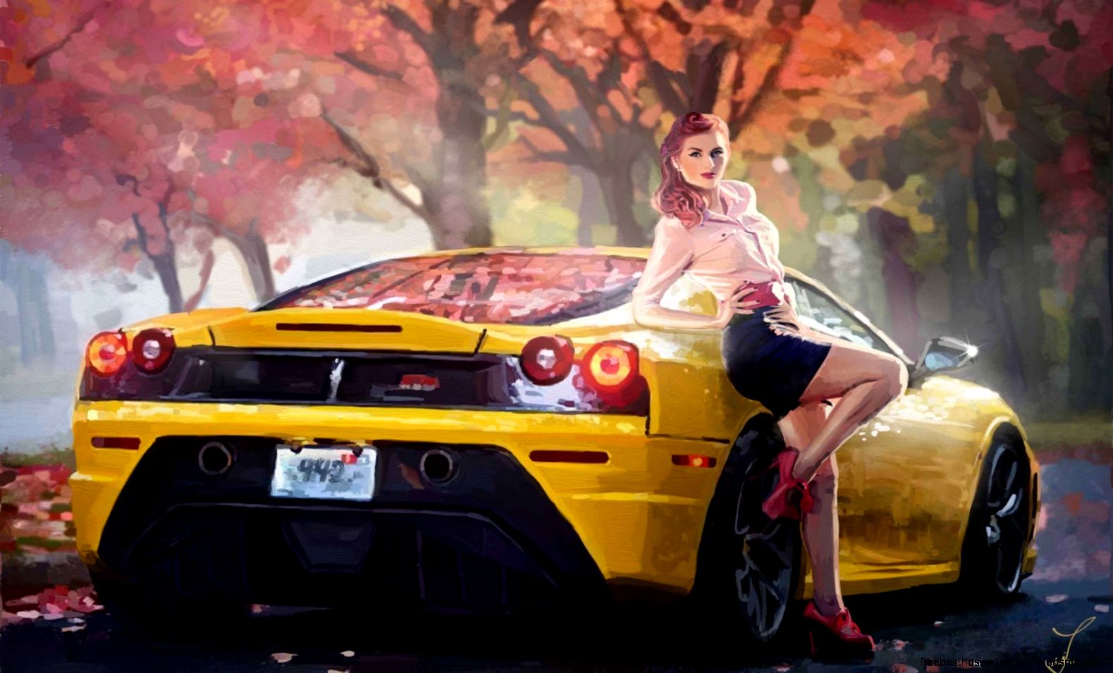 Oil Painting Art Ferrari Car Yellow Girl Autumn Trees Hd wallpaper Oil Painting Art Ferrari Car Yellow Girl Autumn Trees Hd wallpaper