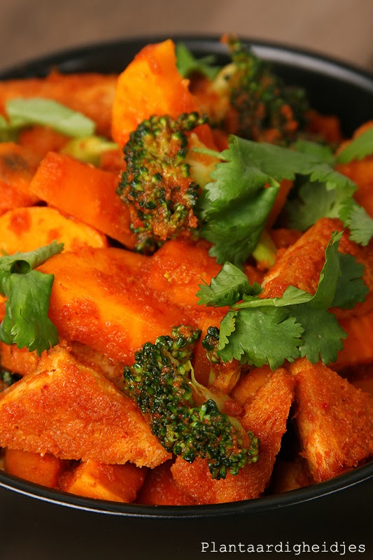 Broccoli zoete aardappel schotel met curry pasta Plantaardigheidjes