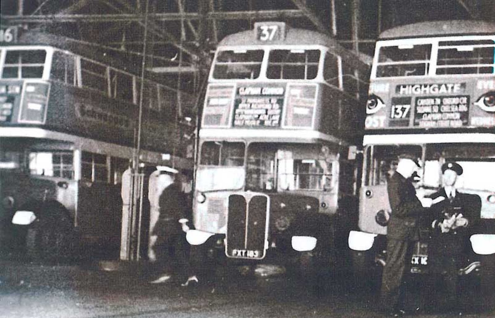 British bus garage. 1950s