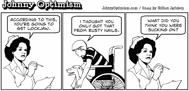 johnny optimism, medical, humor, sick, jokes, boy, wheelchair, doctors, hospital, stilton jarlsberg,  lockjaw, nurse, temperature, thermometer