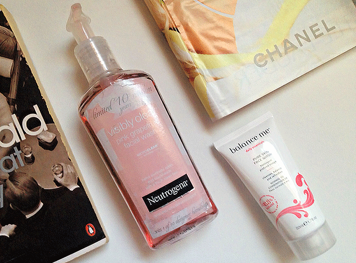 Neutrogena pink grapefruit face wash, Balance Me face wash, Chanel advert and The Great Gatsby novel by F. Scott Fitzgerald