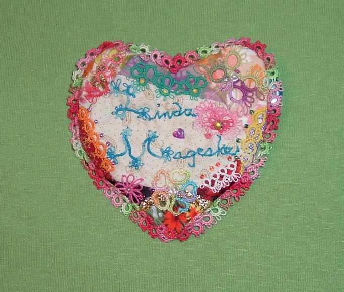 With Needle and Thread I will travel far ! Heart Name Tag