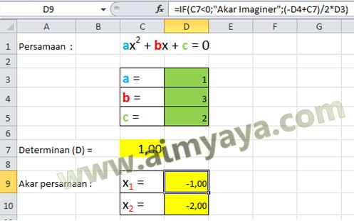 cara mencari akar kuadrat memakai microsoft excel Penyelesaian Persamaan Kuadrat (Rumus ABC di Excel)
