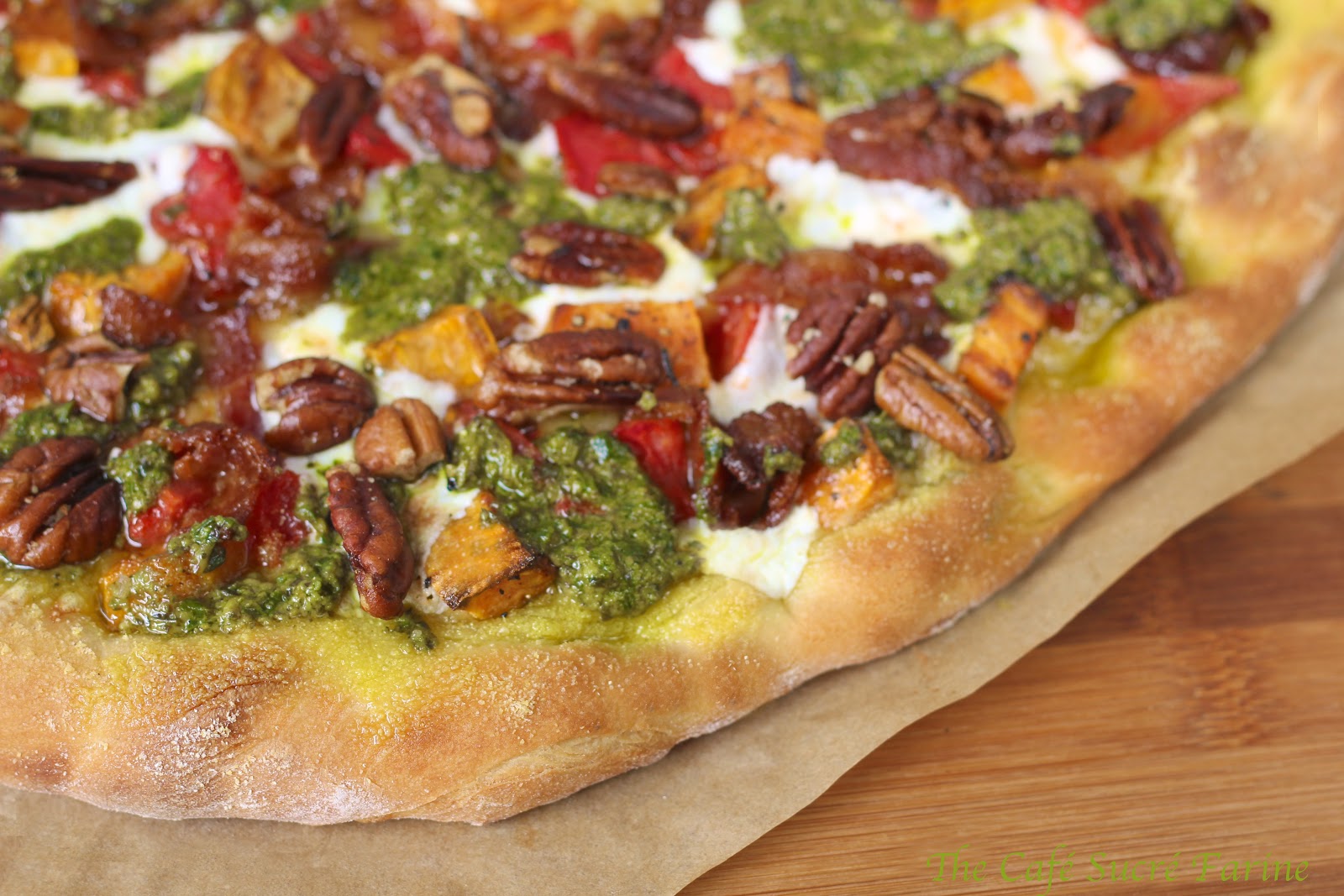 Sweet Potato and Pesto Pizza with Rosemary Braised Bacon