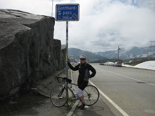 pep and bicycle at the summit of the Gotthardpass, Switzerland.